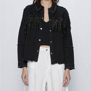 Zara Black Fringe Studded Denim Jacket Distressed Western Boho